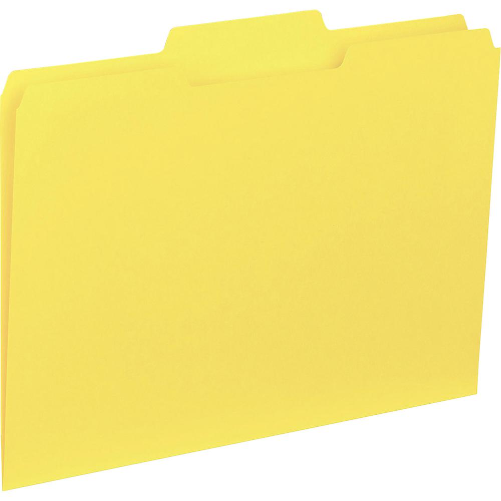 Business Source 1/3 Tab Cut Letter Recycled Top Tab File Folder - 8 1/2" x 11" - Top Tab Location - Assorted Position Tab Position - Yellow - 10% Recycled - 100 / Box. Picture 2