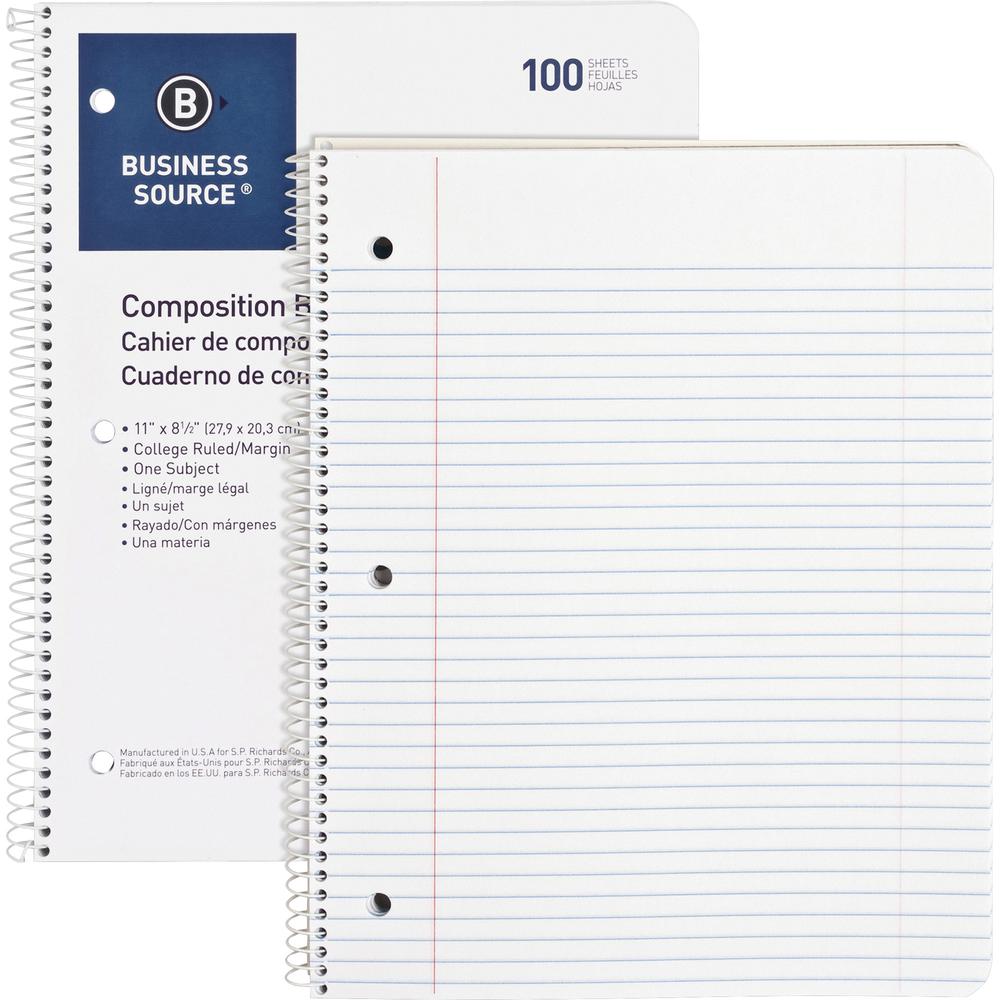Business Source Wirebound College Ruled Notebooks - Letter - 100 Sheets - Wire Bound - 16 lb Basis Weight - 8 1/2" x 11" - White Paper - Stiff-back - 1 Each. Picture 2
