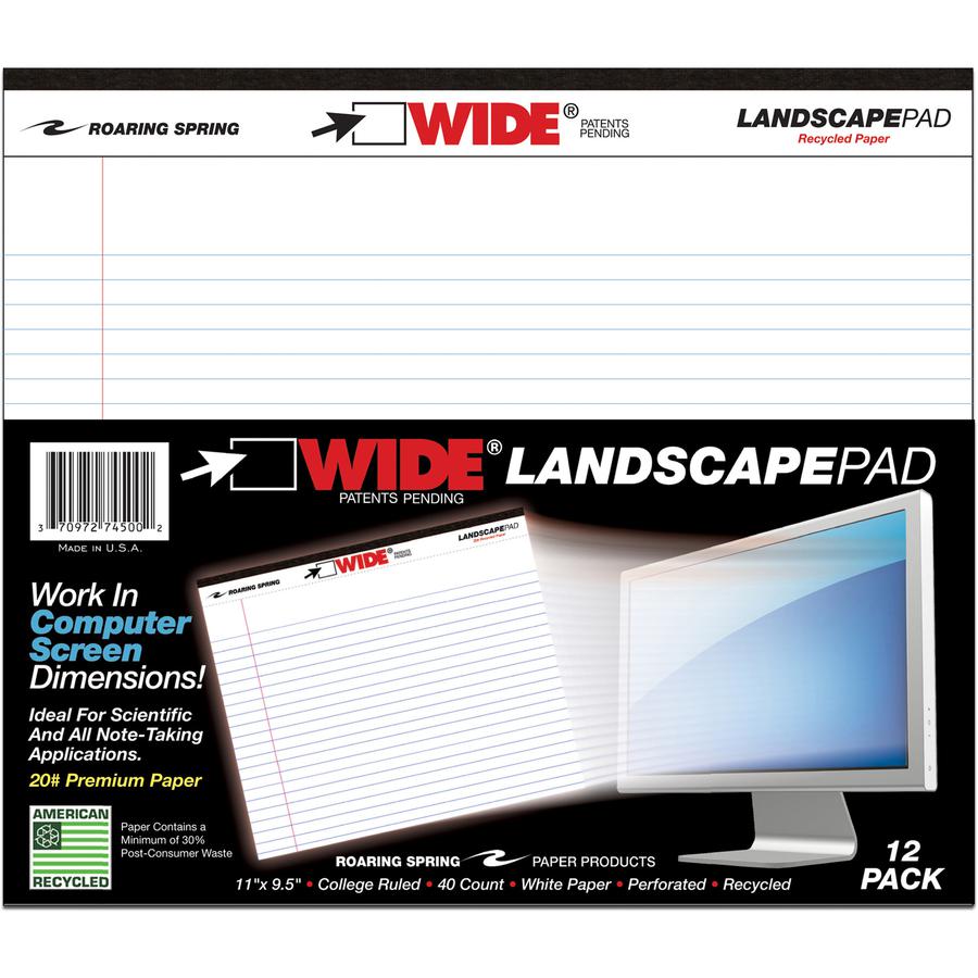 Roaring Spring Wide College Ruled Landscape Legal Pad - 40 Sheets - 80 Pages - Printed - Stapled/Tapebound - Both Side Ruling Surface Red Margin - 20 lb Basis Weight - 75 g/m&#178; Grammage - 11" x 9 . Picture 2