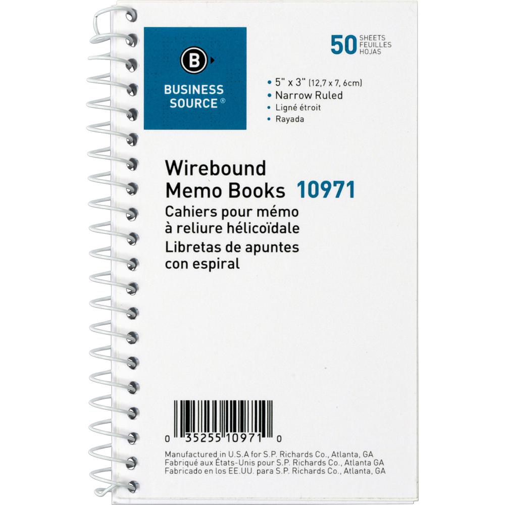 Business Source Side Wirebound Ruled Memo Book - 50 Sheet(s) - Wire Bound - 3" x 5" Sheet Size - White - 1 Dozen. Picture 2