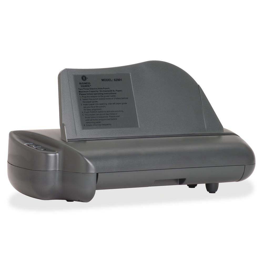 Business Source Electric Adjustable 3-hole Punch - 3 Punch Head(s) - 30 Sheet of 20lb Paper - 1/4" Punch Size - 17.8" x 5.3" x 8.3" - Gray. Picture 3
