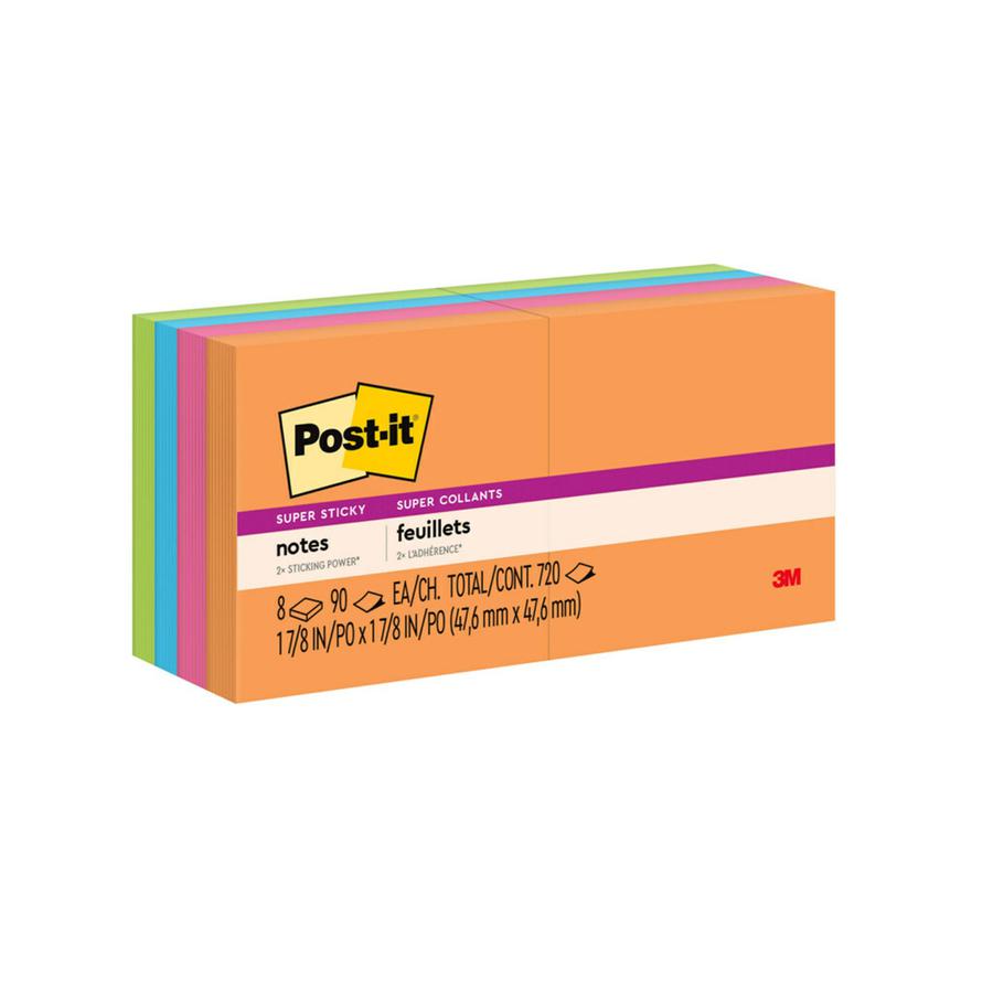 Post-it&reg; Super Sticky Notes - Energy Boost Color Collection - 720 - 2" x 2" - Square - 90 Sheets per Pad - Unruled - Vital Orange, Tropical Pink, Limeade, Blue Paradise - Paper - Self-adhesive - 8. Picture 6