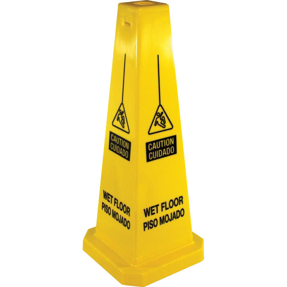 Genuine Joe Bright 4-sided Caution Safety Cone - 1 Each - English, Spanish - 10" Width x 24" Height x 10" Depth - Cone Shape - Stackable - Industrial - Polypropylene - Yellow. Picture 2