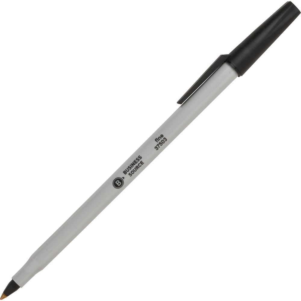 Business Source Fine Point Ballpoint Stick Pens - Fine Pen Point - Black - Light Gray Barrel - Stainless Steel Tip - 1 Dozen. Picture 3
