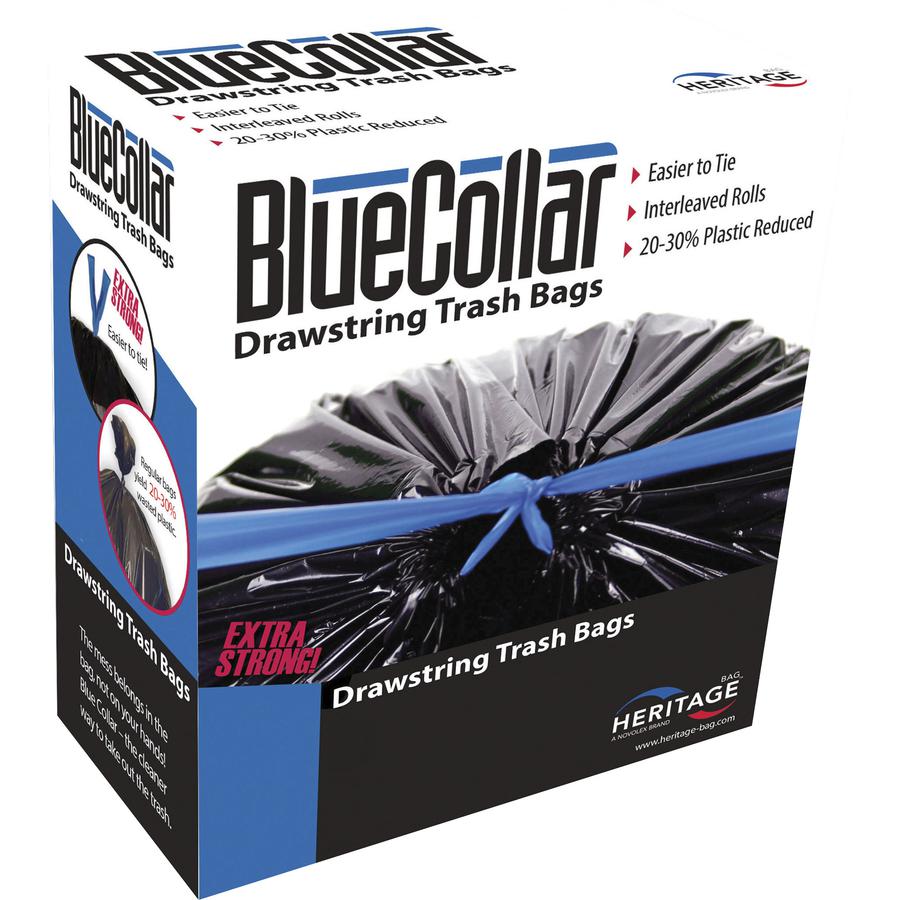 BlueCollar 30-gallon Drawstring Trash Bags - 30 gal Capacity - 30" Width x 34" Length - 1 mil (25 Micron) Thickness - Drawstring Closure - Black - 40/Box - Garbage. Picture 2