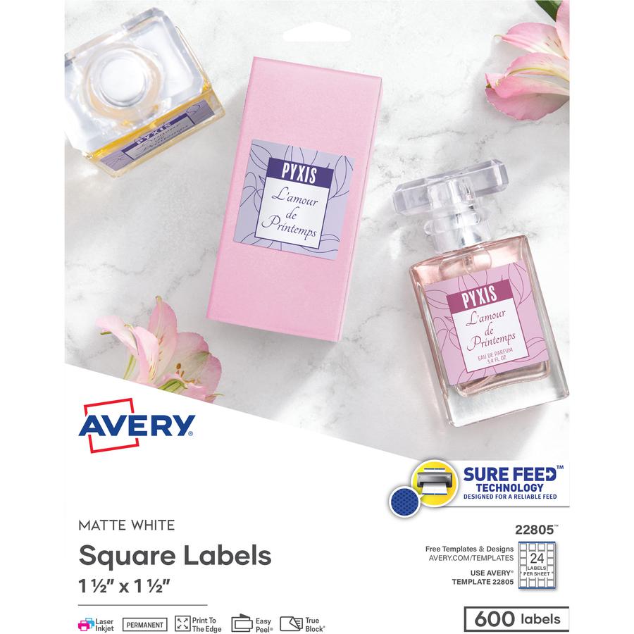 Avery&reg; Print-to-the-Edge Easy Peel Square Labels - 1 1/2" Width x 1 1/2" Length - Permanent Adhesive - Square - Laser, Inkjet - Matte White - Paper - 24 / Sheet - 25 Total Sheets - 600 Total Label. Picture 2