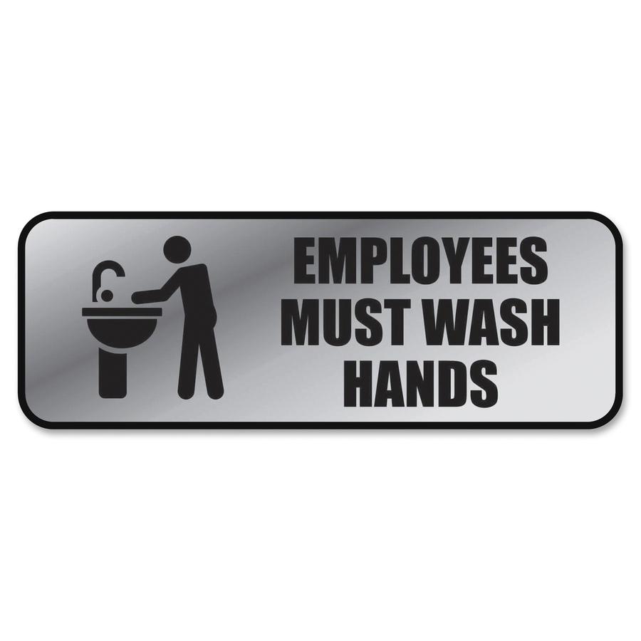 COSCO Employee Wash Hands Sign - 1 Each - Employees Must Wash Hands Print/Message - 9" Width x 3" Height - Rectangular Shape - Office - Metal - Silver. Picture 2