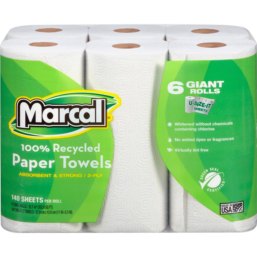 Marcal 100% Recycled Giant Roll Paper Towels - 2 Ply - 140 Sheets/Roll - White - Perforated, Dye-free, Fragrance-free, Strong, Lint-free, Absorbent - 6 Rolls Per Pack - 1 Pack. Picture 3
