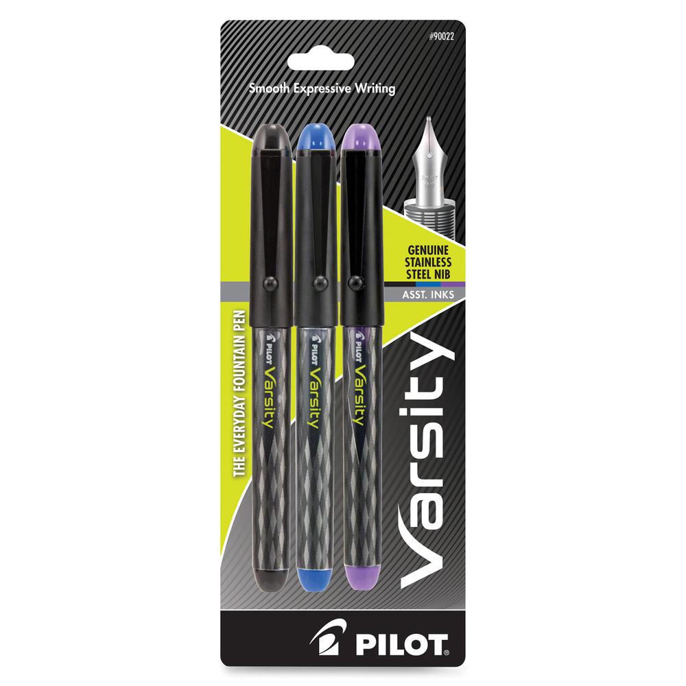 Pilot Varsity Disposable Fountain Pens - Medium Pen Point - Black, Blue, Purple - Black Barrel - 3 / Pack. Picture 2