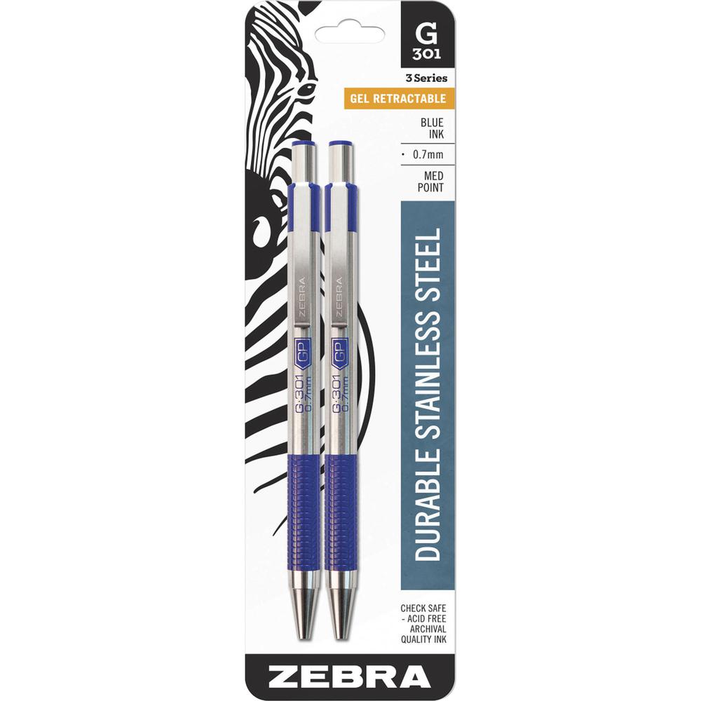 Zebra Pen G-301 Gel Pen - 0.7 mm Pen Point Size - Refillable - Retractable - Blue Gel-based Ink - Stainless Steel Barrel - 2 / Pack. Picture 2