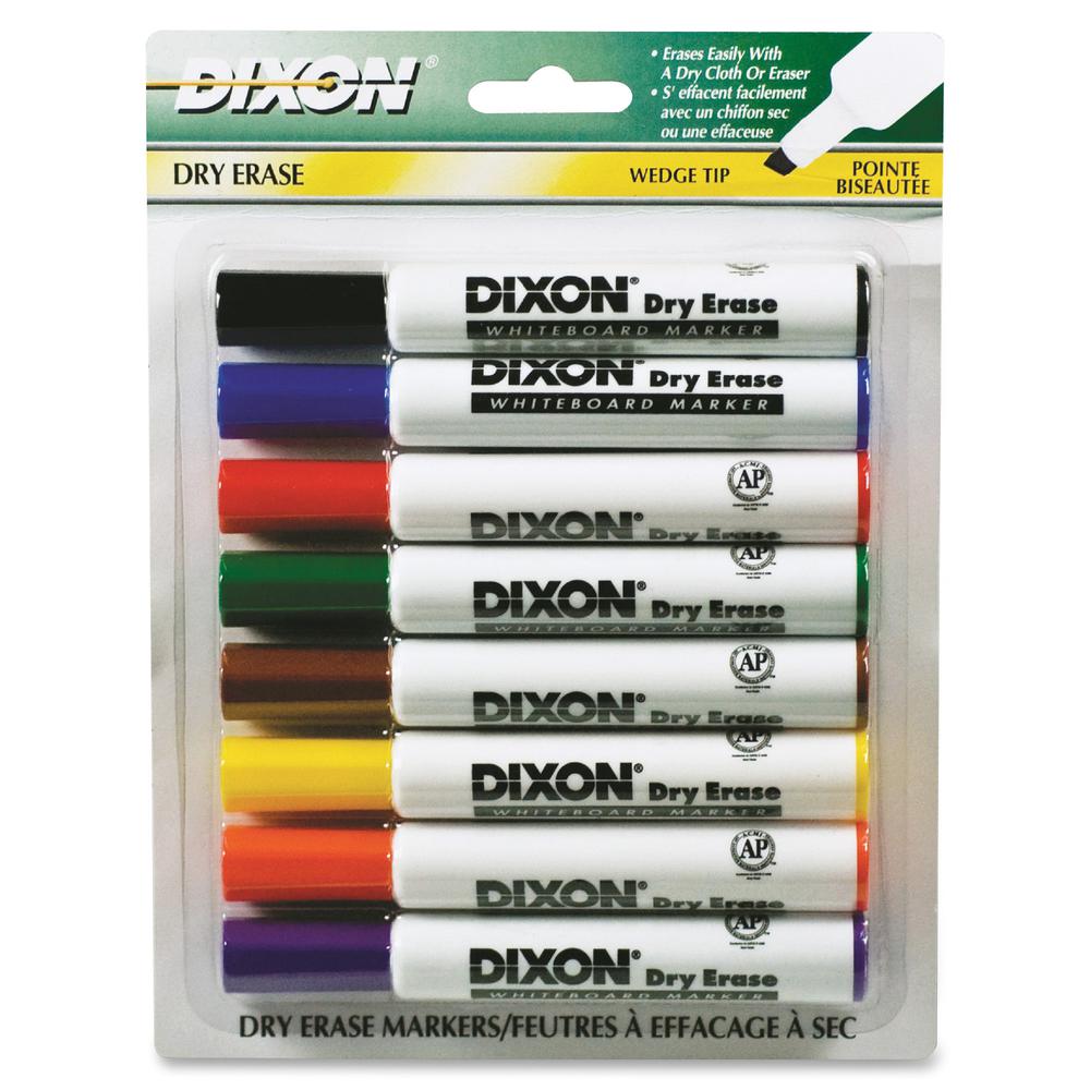 Dixon Wedge Tip Dry Erase Markers - Wedge Marker Point Style - Yellow, Red, Blue, Orange, Green, Violet, Brown, Black - White Barrel - 8 / Pack. Picture 2