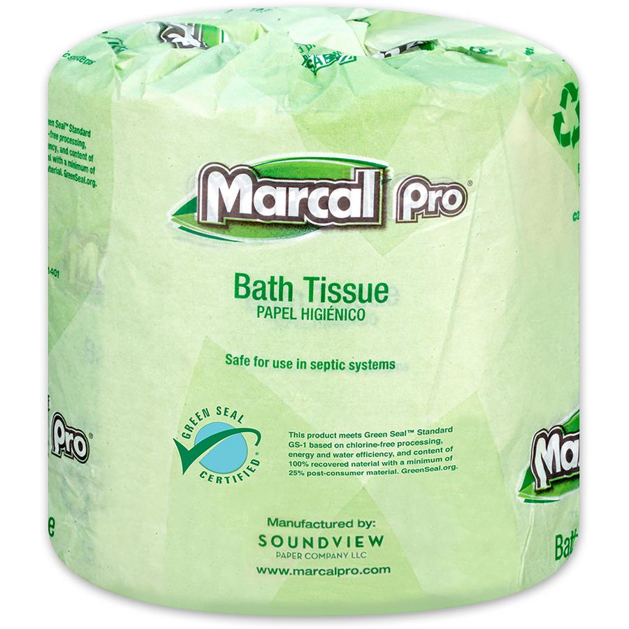 Marcal Pro 100% Recycled Bathroom Tissue - 2 Ply - 4" x 4" - 500 Sheets/Roll - White - 48 / Carton. Picture 3