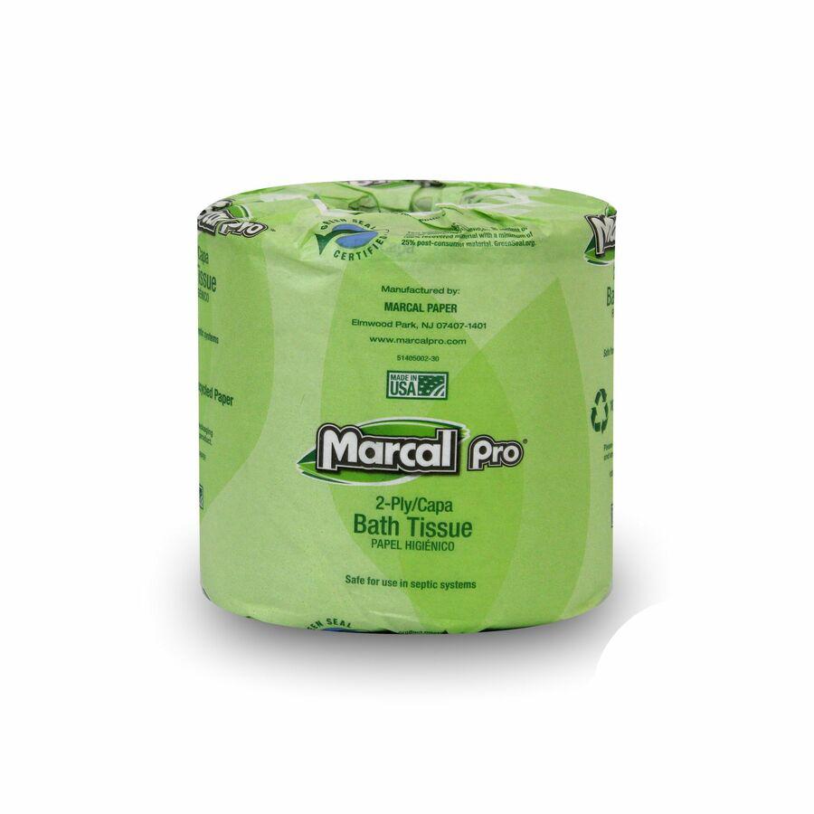 Marcal Pro 100% Recycled Bathroom Tissue - 2 Ply - 4" x 4" - 240 Sheets/Roll - White - 48 / Carton. Picture 2