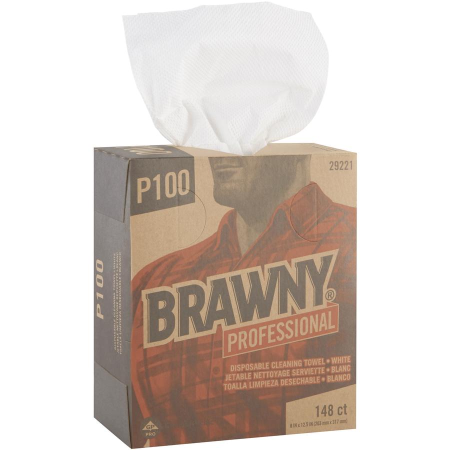 Brawny&reg; Professional P100 Disposable Cleaning Towels - 12.50" Length x 8" Width - 148 / Box - 20 / Carton - Absorbent, Strong, Streak-free, Durable - White. Picture 3