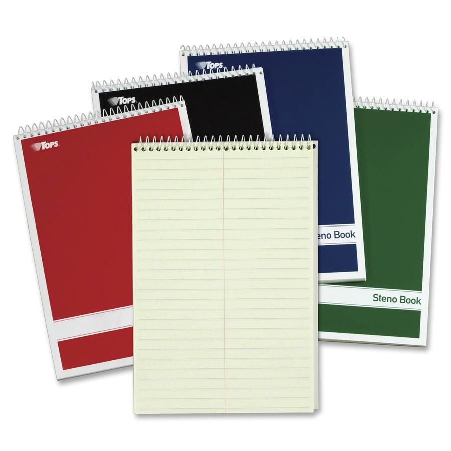 TOPS Gregg-ruled Steno Book - 80 Sheets - Wire Bound - 15 lb Basis Weight - 6" x 9" - 9" x 6" - Green Tint Paper - Red, Green, Black, Blue Cover - Durable Cover, Rigid, Acid-free - 4 / Pack. Picture 5