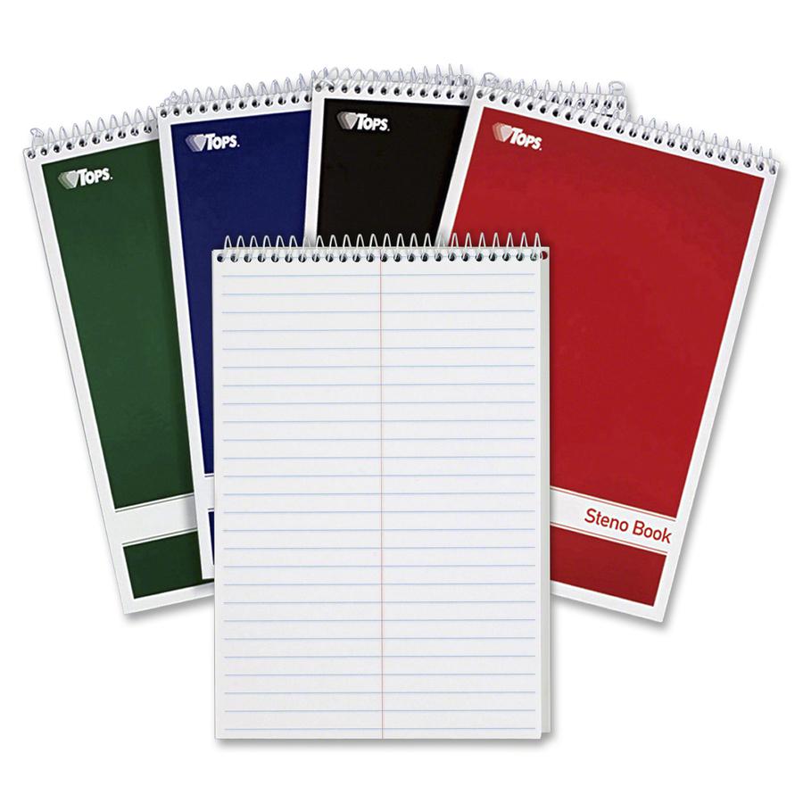 TOPS Gregg-ruled Steno Book - 80 Sheets - Wire Bound - 15 lb Basis Weight - 6" x 9" - 1.25" x 9"6" - White Paper - Red, Green, Black, Blue Cover - Durable Cover, Rigid, Chipboard Backing, Acid-free - . Picture 3