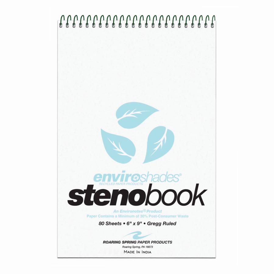 Roaring Spring Enviroshades Recycled Spiral Steno Memo Book - 80 Sheets - 160 Pages - Printed - Spiral Bound - Both Side Ruling Surface - Gregg Ruled Red Margin - 15 lb Basis Weight - 56 g/m&#178; Gra. Picture 2