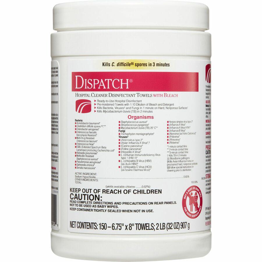 Dispatch Hospital Cleaner Disinfectant Towels with Bleach - Ready-To-Use - 32 oz (2 lb) - 8" Length x 6.75" Width - 150 / Canister - 1 Each - White. Picture 11