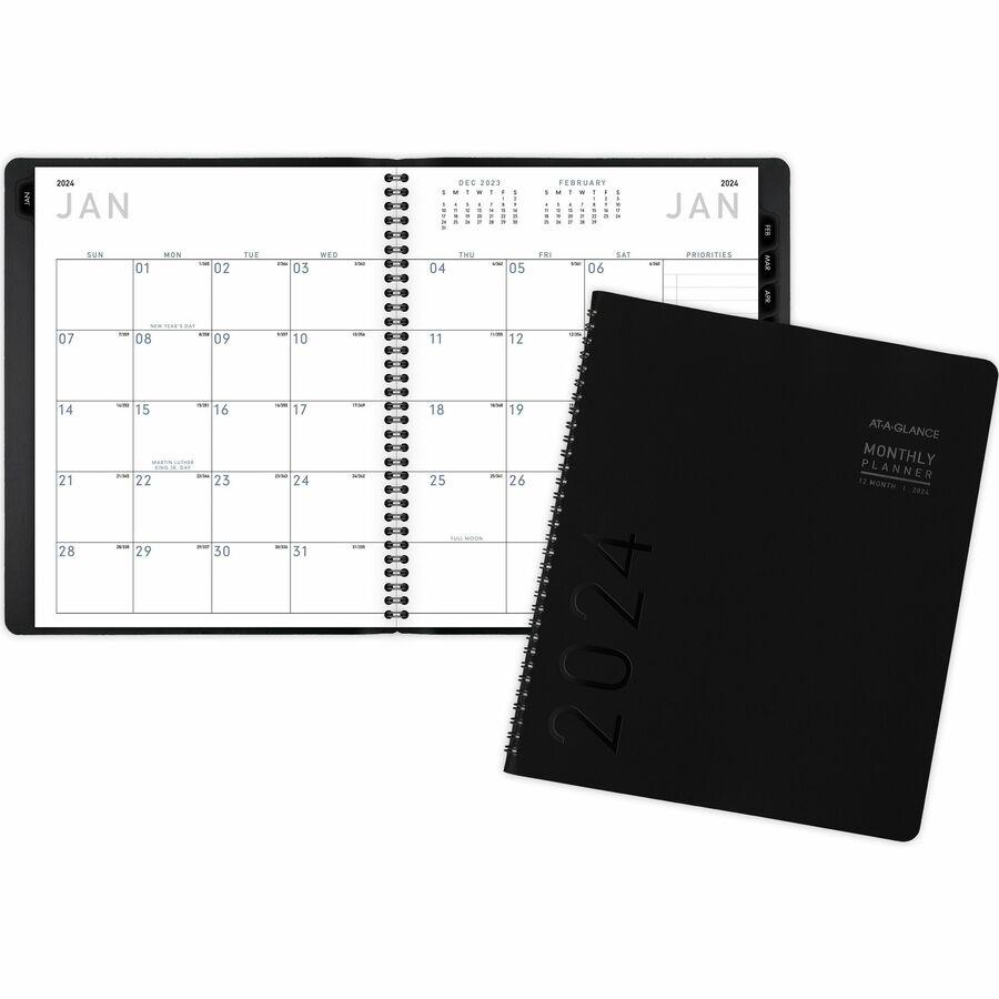 At-A-Glance Contemporary Planner - Large Size - Julian Dates - Monthly - 1 Year - January 2024 - December 2024 - 1 Month Double Page Layout - 9" x 11" White Sheet - Wire Bound - Desktop - Faux Leather. Picture 2