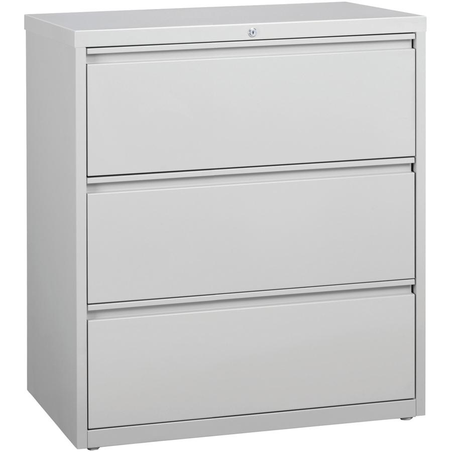 Lorell 3-Drawer Light Gray Lateral Files - 36" x 18.6" x 40.3" - 3 x Drawer(s) for File - Letter, Legal, A4 - Lateral - Locking Drawer, Magnetic Label Holder, Ball-bearing Suspension, Leveling Glide, . Picture 5
