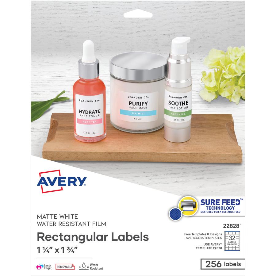 Avery&reg; Removable Durable Rectangle Labels - 1 1/4" Width x 4 3/4" Length - Removable Adhesive - Rectangle - Laser, Inkjet - White - Film - 32 / Sheet - 8 Total Sheets - 256 Total Label(s) - 256 / . Picture 3