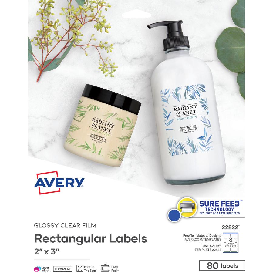 Avery&reg; Glossy Clear Rectangle Labels2" x 3" - 2" Width x 3" Length - Permanent Adhesive - Rectangle - Laser, Inkjet - Crystal Clear - Film - 8 / Sheet - 10 Total Sheets - 80 Total Label(s) - 80 / . Picture 3