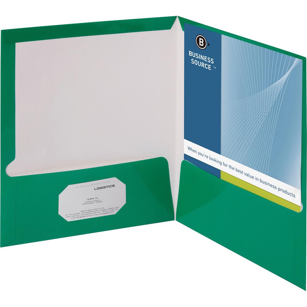 Business Source Letter Pocket Folder - 8 1/2" x 11" - 100 Sheet Capacity - 2 Internal Pocket(s) - Card Paper - Green - 25 / Box. Picture 2