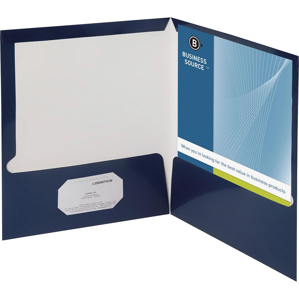 Business Source Letter Pocket Folder - 8 1/2" x 11" - 100 Sheet Capacity - 2 Internal Pocket(s) - Card Paper - Navy - 25 / Box. Picture 4