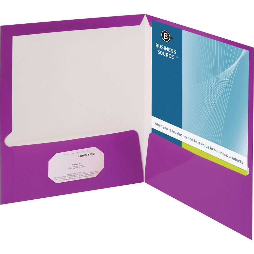 Business Source Letter Pocket Folder - 8 1/2" x 11" - 100 Sheet Capacity - 2 Internal Pocket(s) - Card Paper - Purple - 25 / Box. Picture 4