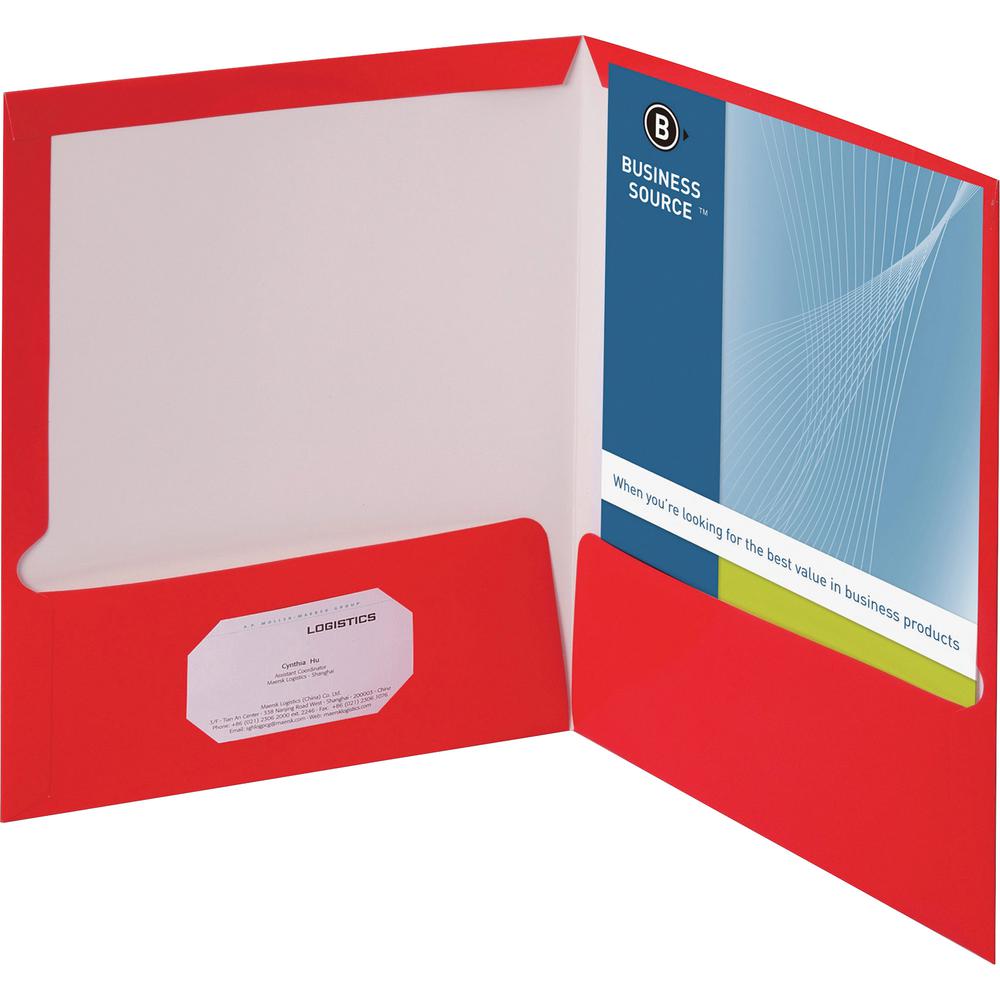 Business Source Letter Pocket Folder - 8 1/2" x 11" - 100 Sheet Capacity - 2 Internal Pocket(s) - Card Paper - Red - 25 / Box. Picture 3