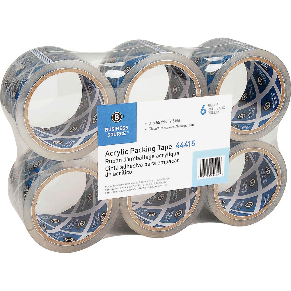 Business Source Acrylic Packing Tape - 55 yd Length x 3" Width - 2.5 mil Thickness - 3" Core - Pressure-sensitive Poly - Acrylic Backing - For Mailing, Shipping, Storing - 6 / Pack - Clear. Picture 3