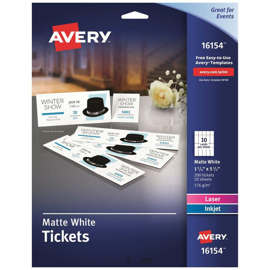 Avery&reg; Event Tickets with Tear-Away Stubs for Laser and Inkjet Printers, 1¾" x 5½" - 1 3/4" Width x 5 1/2" Length - Laser, Inkjet - Matte White - 20 / Sheet - 200 / Pack. Picture 4