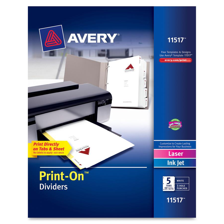Avery&reg; Customizable Print-On Dividers - 125 x Divider(s) - Print-on Tab(s) - 5 - 5 Tab(s)/Set - 8.5" Divider Width x 11" Divider Length - 3 Hole Punched - White Paper Divider - White Paper Tab(s) . Picture 3