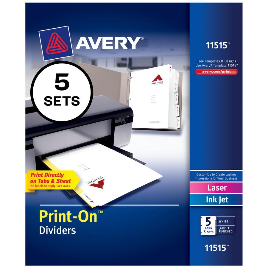 Avery&reg; Customizable Print-On Dividers - 25 x Divider(s) - Print-on Tab(s) - 5 - 5 Tab(s)/Set - 8.5" Divider Width x 11" Divider Length - 3 Hole Punched - White Paper Divider - White Paper Tab(s) -. Picture 2