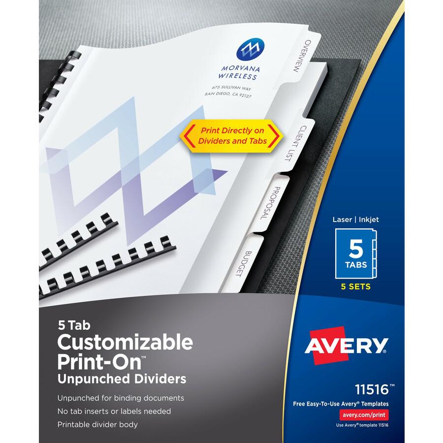 Avery&reg; Unpunched Print-On Dividers - 25 x Divider(s) - Print-on Tab(s) - 5 - 5 Tab(s)/Set - 8.5" Divider Width x 11" Divider Length - White Paper Divider - White Paper Tab(s) - Recycled - 5 / Box. Picture 4