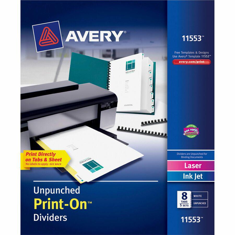 Avery&reg; Unpunched Print-On Dividers - 40 x Divider(s) - Print-on Tab(s) - 8 - 8 Tab(s)/Set - 8.5" Divider Width x 11" Divider Length - White Paper Divider - White Paper Tab(s) - Recycled - 5 / Box. Picture 5