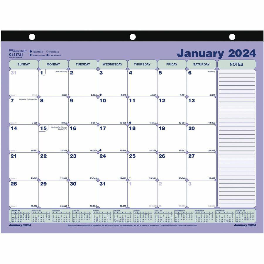 Brownline Monthly Desk/Wall Calendar - Julian Dates - Monthly - 12 Month - January 2024 - December 2024 - 1 Month Single Page Layout - 11" x 8 1/2" Sheet Size - Desk Pad - White - Chipboard - Reinforc. Picture 8