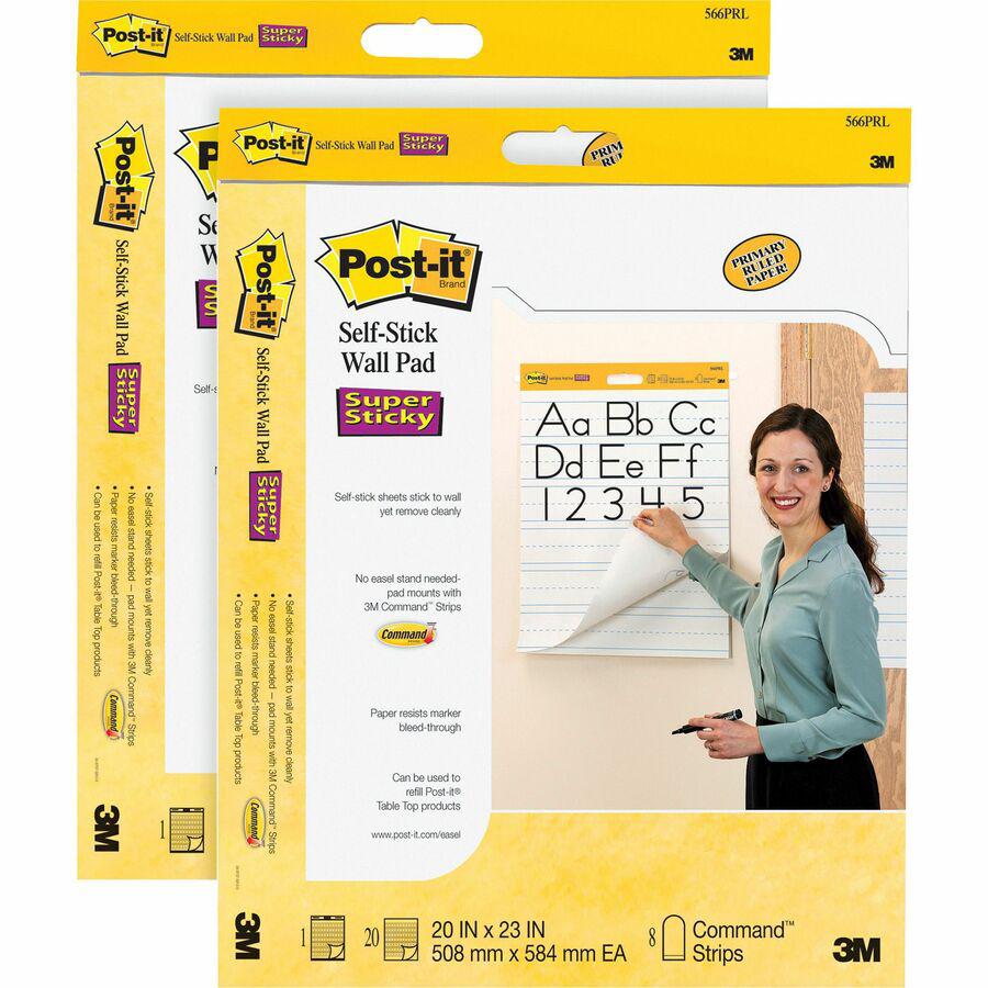 Post-it&reg; Self-Stick Wall Pads - 20 Sheets - Stapled - Ruled Blue Margin - 18.50 lb Basis Weight - 20" x 23" - White Paper - Self-adhesive, Bleed Resistant, Repositionable, Resist Bleed-through, Re. Picture 3