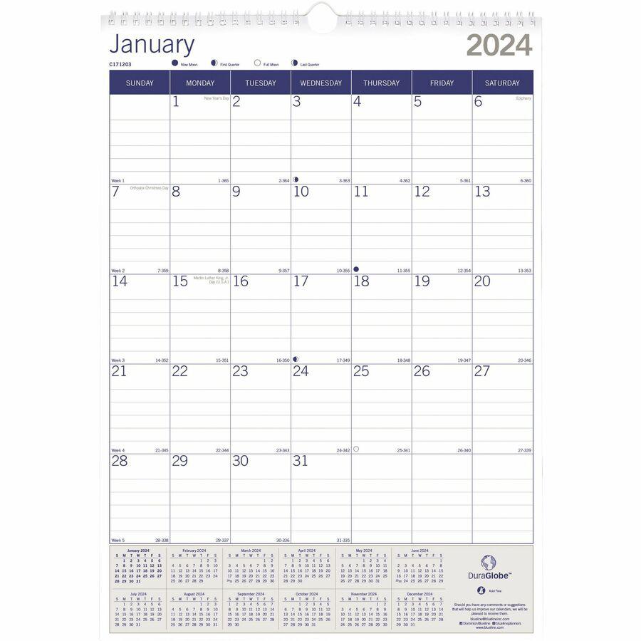 Blueline EcoLogix Wall Calendar - Monthly - 12 Month - January 2024 - December 2024 - 1 Month Single Page Layout - 12" x 17" Sheet Size - White, Brown, Green - Chipboard - Reinforced, Eco-friendly, Re. Picture 8