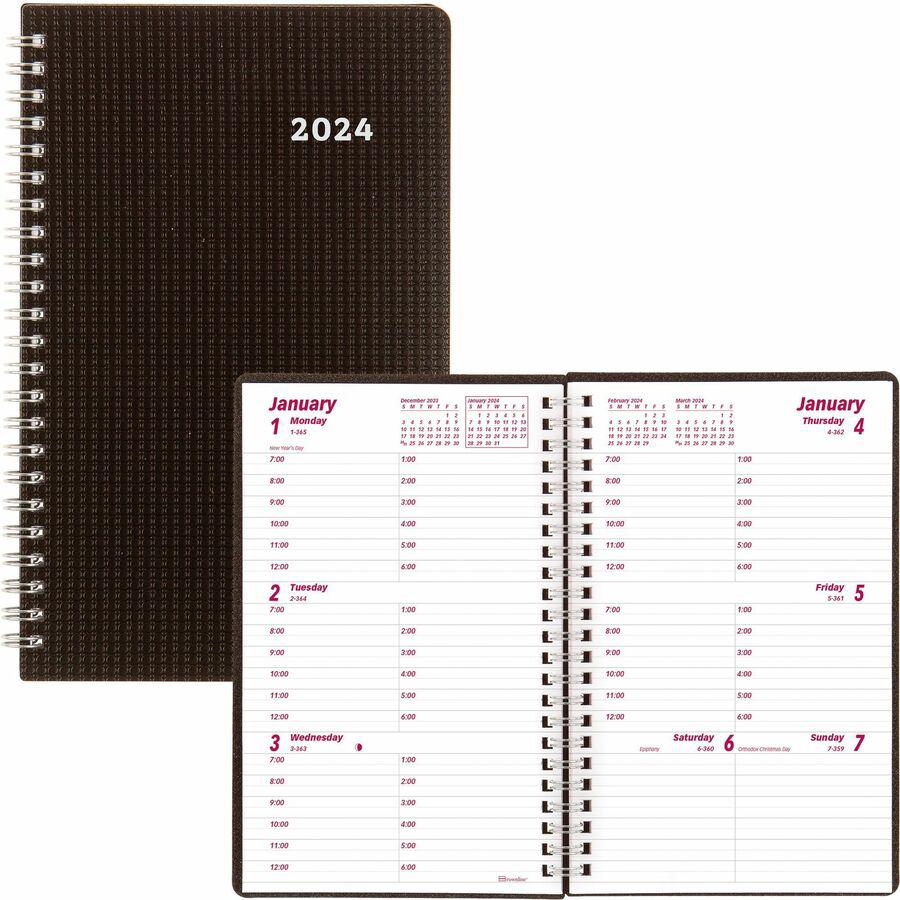 Brownline DuraFlex Weekly Appointment Book - Julian Dates - Weekly - 12 Month - January 2024 - December 2024 - 7:00 AM to 6:00 PM - Hourly - 1 Week Double Page Layout - 5" x 8" Sheet Size - Twin Wire . Picture 9