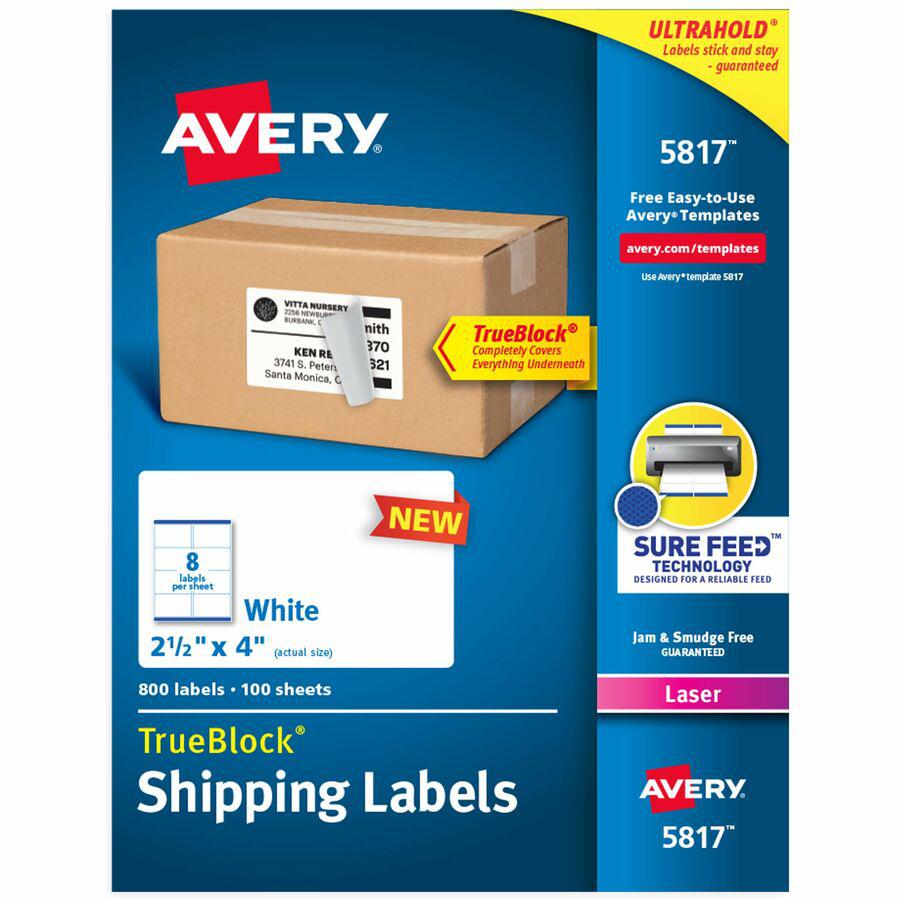 Avery&reg; Printable Shipping Labels, 2.5" x 4" , 800 Labels (5817) - 2 1/2" Width x 4" Length - Permanent Adhesive - Rectangle - Laser - White - Paper - 8 / Sheet - 100 Total Sheets - 800 Total Label. Picture 5