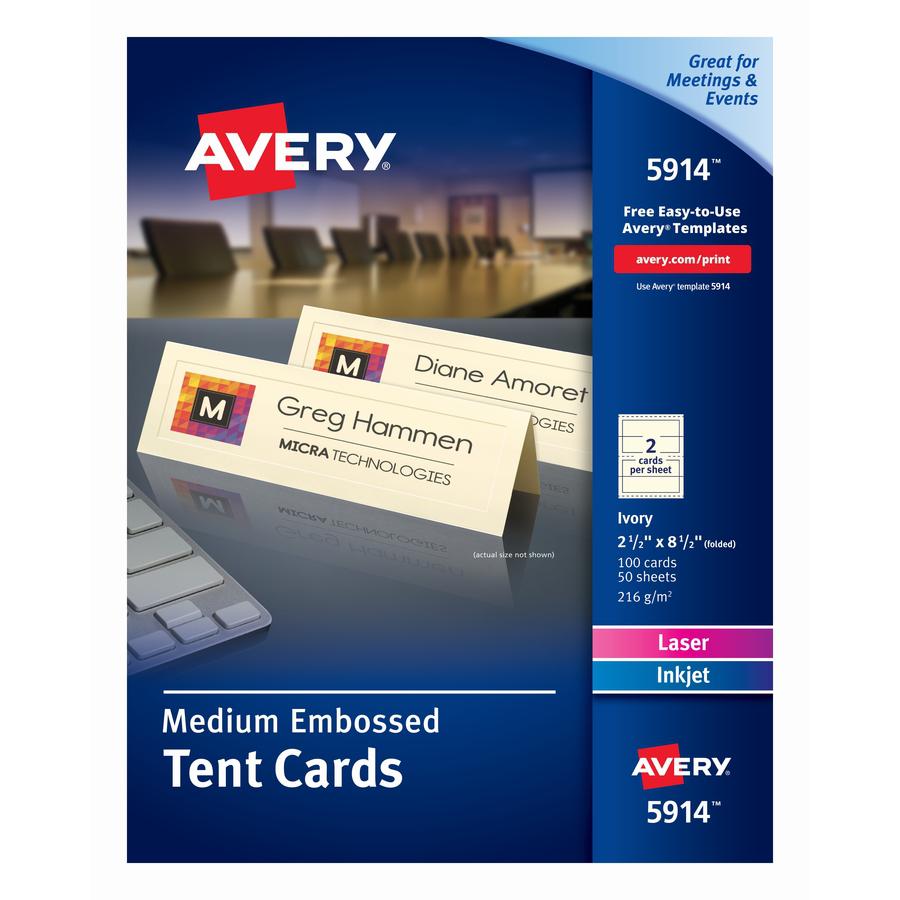 Avery&reg; Sure Feed Embossed Tent Cards - 79 Brightness - 2 1/2" x 8 1/2" - Embossed - 1 / Pack - FSC Mix - Rounded Corner, Heavyweight - Ivory. Picture 2