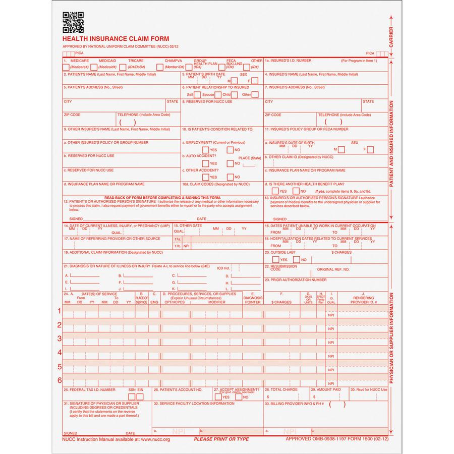 TOPS CMS-1500 Laser Printer Forms - 20 lb - 1 Part - 8.50" x 11" Form Size - White - Red Print Color - Paper - 500 / Pack. Picture 2