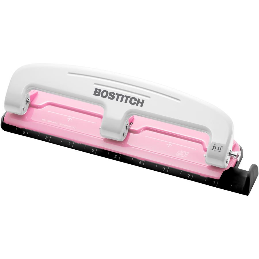 Bostitch EZ Squeeze&trade; InCourage 12 Three-Hole Punch - 3 Punch Head(s) - 12 Sheet - 9/32" Punch Size - Round Shape - 3" x 1.6" - Pink, White. Picture 3