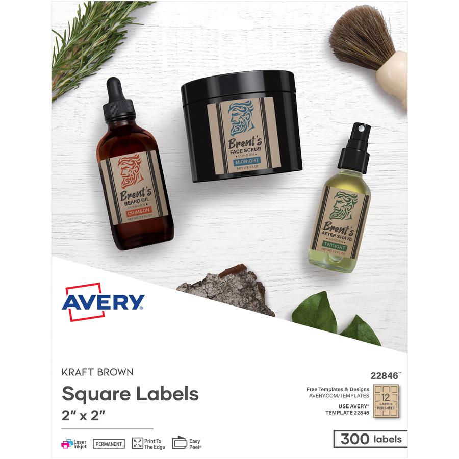 Avery&reg; Promotional Label - 2" Width x 2" Length - Permanent Adhesive - Square - Laser, Inkjet - Kraft Brown - Paper - 12 / Sheet - 25 Total Sheets - 300 Total Label(s) - 300 / Pack. Picture 2