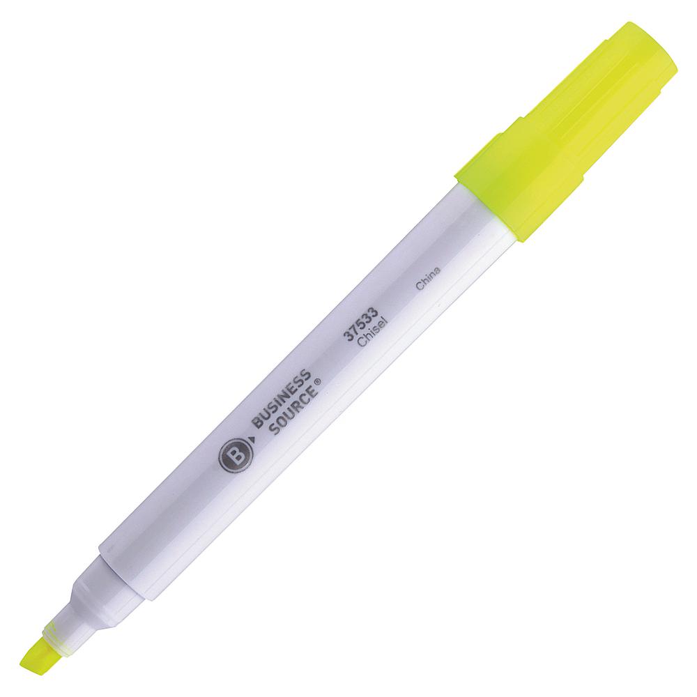 Business Source Chisel Tip Yellow Value Highlighter - Chisel Marker Point Style - Yellow - White Barrel - 1 Dozen. Picture 2
