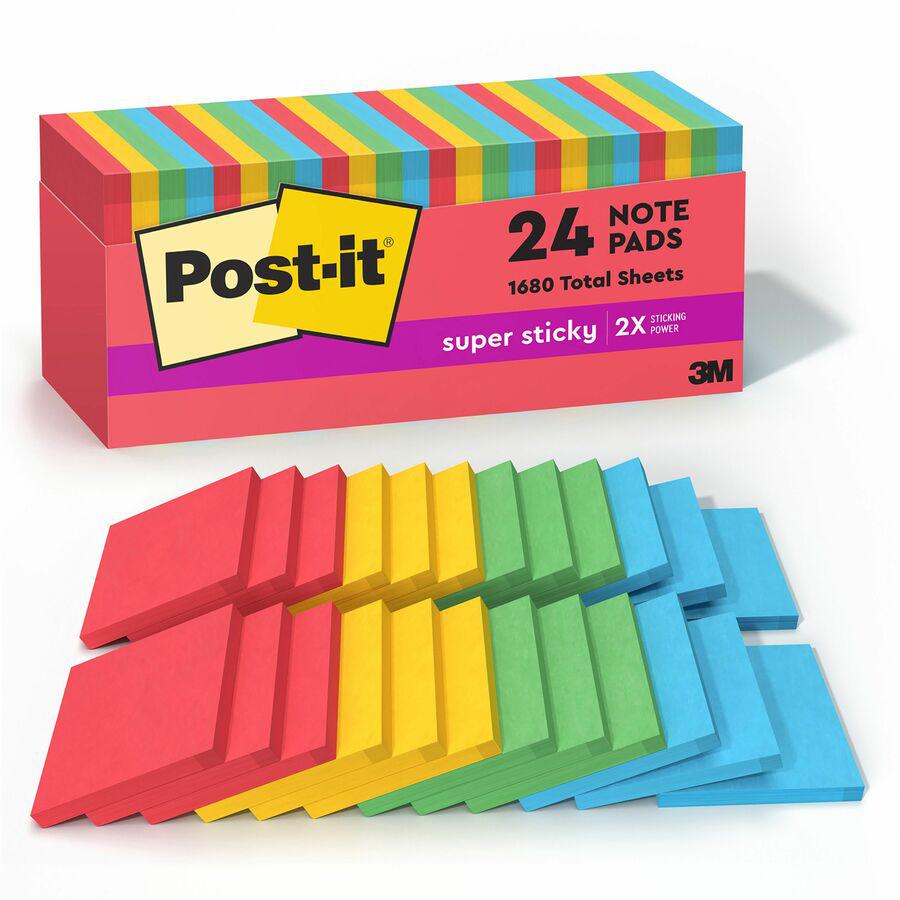 Post-it&reg; Super Sticky Notes Cabinet Pack - Playful Primaries Color Collection - 1680 x Electric Glow Assorted - 3" x 3" - Square - 70 Sheets per Pad - Unruled - Candy Apple Red, Sunnyside, Lucky G. Picture 4