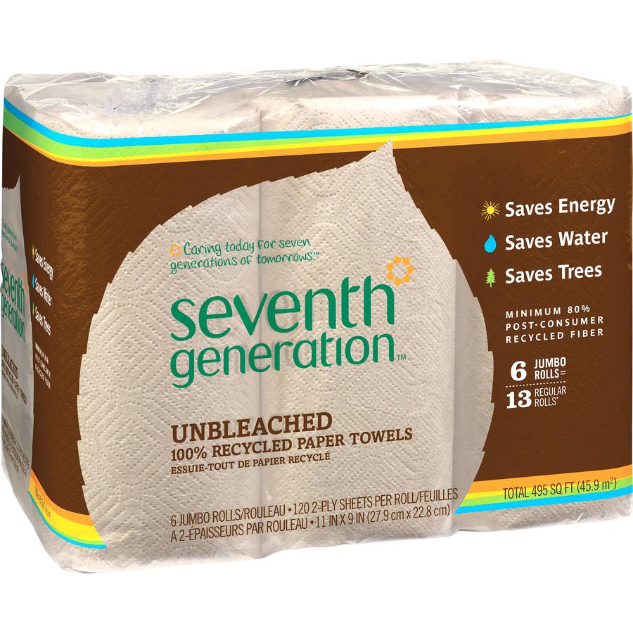 Seventh Generation 100% Recycled Paper Towels - 2 Ply - 11" x 9" - 120 Sheets/Roll - Natural - Paper - Unbleached, Chlorine-free, Fragrance-free, Dye-free, Ink-free, Absorbent - For Kitchen, Household. Picture 2