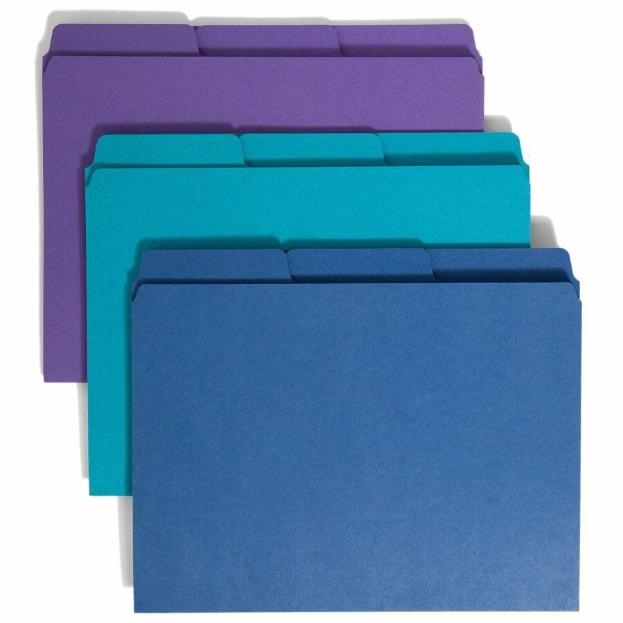 Smead SuperTab 1/3 Tab Cut Letter Recycled Top Tab File Folder - 8 1/2" x 11" - 3/4" Expansion - Top Tab Location - Assorted Position Tab Position - 2 Divider(s) - Paper - Teal, Purple, Navy - 10% Rec. Picture 6