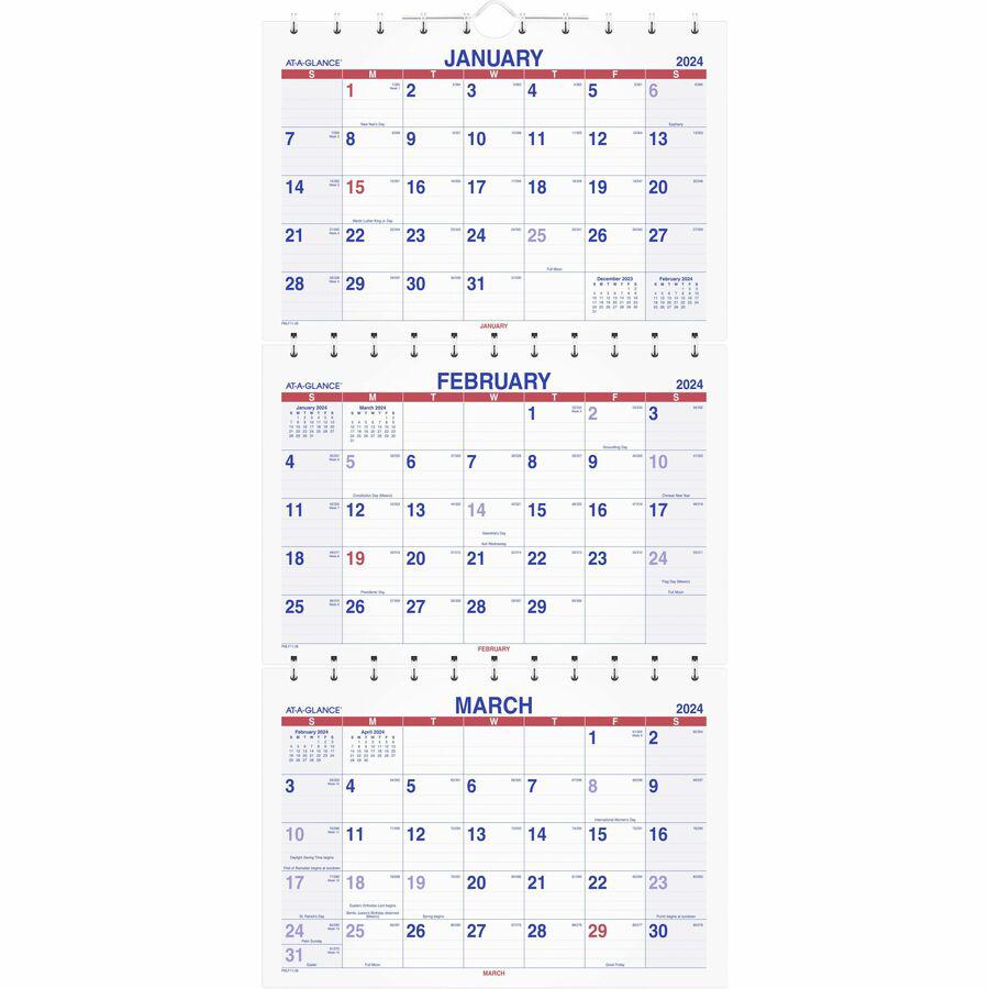 At-A-Glance Move-A-Page 3-Month Wall Calendar - Large Size - Julian Dates - Monthly - 14 Month - December 2023 - February 2025 - 12" x 27" White Sheet - 1.19" x 1.63" Block - Wire Bound - White - Chip. Picture 2